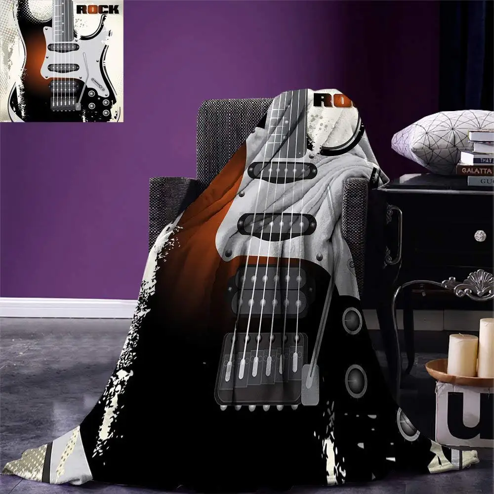 

Rock Music Throw Blanket Detailed Guitar Pattern with Strings Retro Halftone Background Abstract Grunge Warm Microfiber