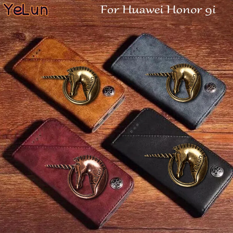 

YeLun For Huawei Honor 9i /Honor 10 Lite Hight Quality Flip Leather Case Metal Unicorn Cover Retro Business Style Phone Bag