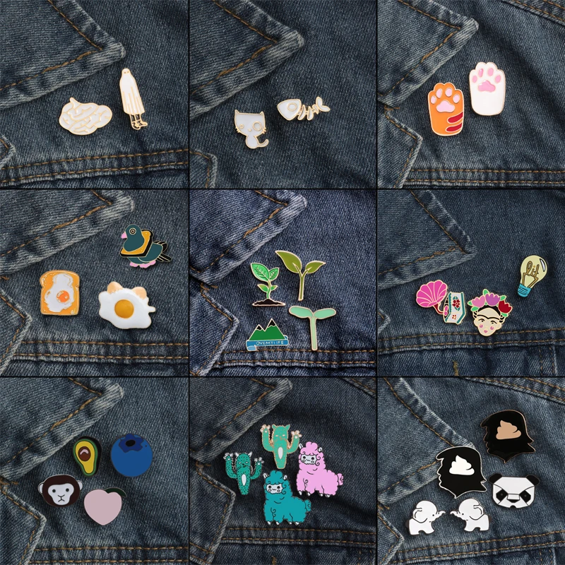 

2-5 Pcs/set Hot Creative Enamel Pin Cute Sheep Rabbit Panda Cat Cactus Leaves Grass Brooches For Women Charm Jewelry Pins Brooch
