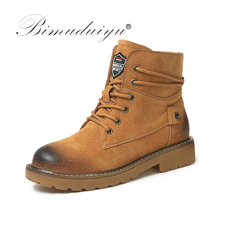 Comprar BIMUDUIYU marca Otoño Invierno cuero genuino cerdo gamuza botines alta calidad limpiar Color moda botas de mujer nuevas botas de nieve