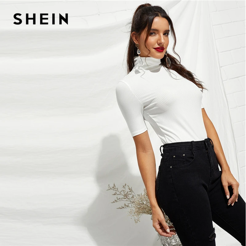 SHEIN Тркотажный Топ В Рубчик С Коротким Рукавом Белый Высоким Воротником|Футболки|