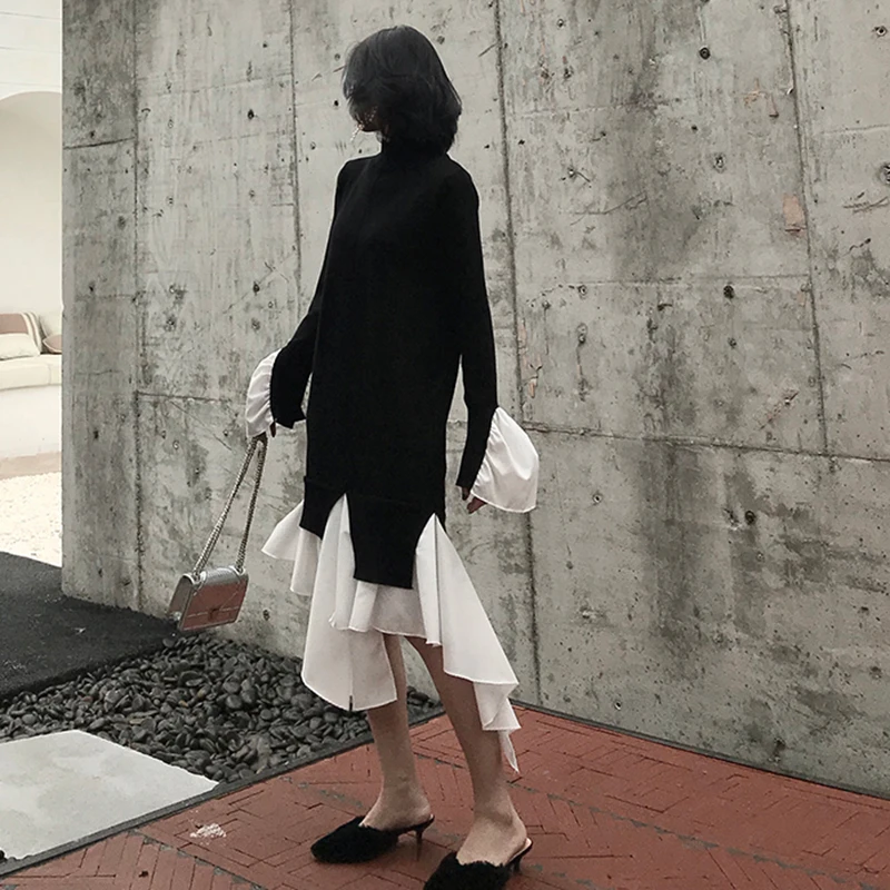 

Fake 2 Piece Long Sweater Women Half-high Collar Patchwork Irregular Knit Pullover Sweater Chic Ladies Long Sleeve Loose Sweater