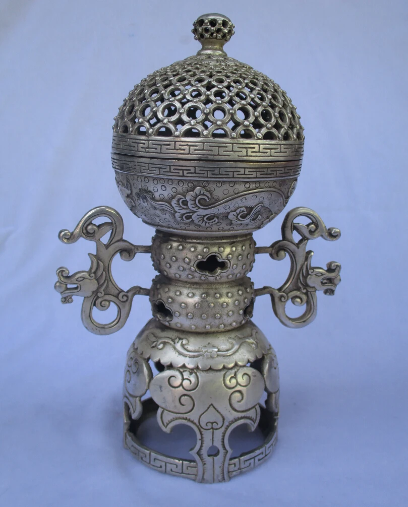 

collectible decorated old antique tibet silver carved big incense burner/metal censer Free Shipping 0007