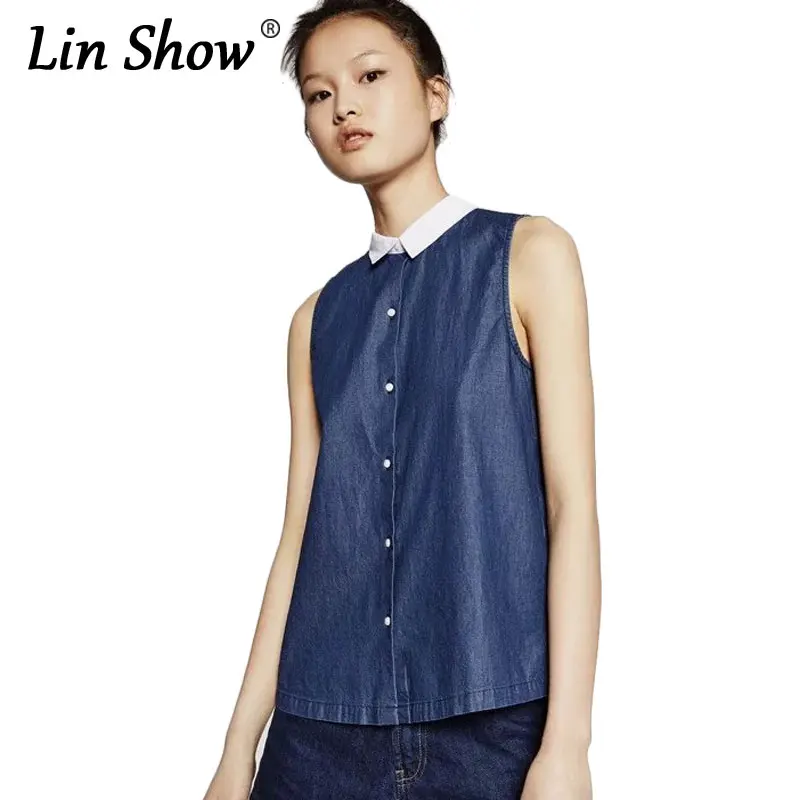Denim Women Blouse Patchwork Button Solid Sleeveless