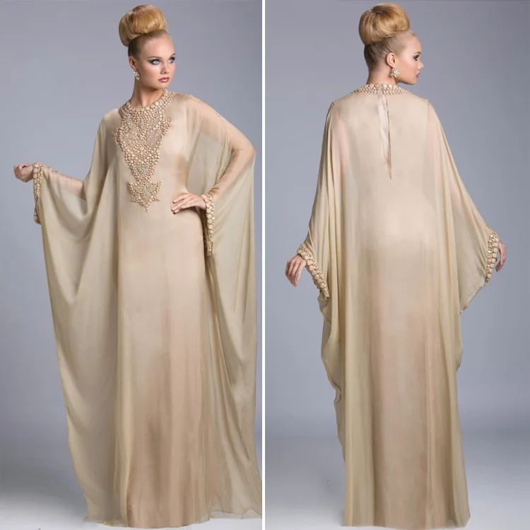 

Chic Champagne Chiffon Arab Mother of the Bride Kaftan Beading Neck Long Muslim Women Evening Gowns vestido mae da noiva 2015