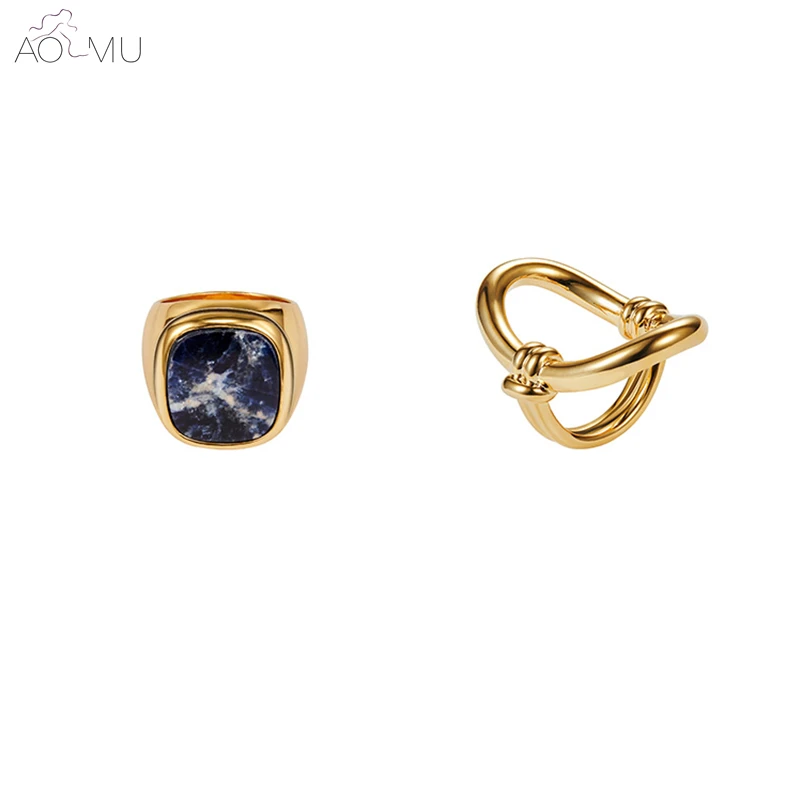 

AOMU New Simple Geometric Square Bluestone Gold Metal Twisted Hollow Out Oval Midi Knuckle Rings for women Party Jewelry