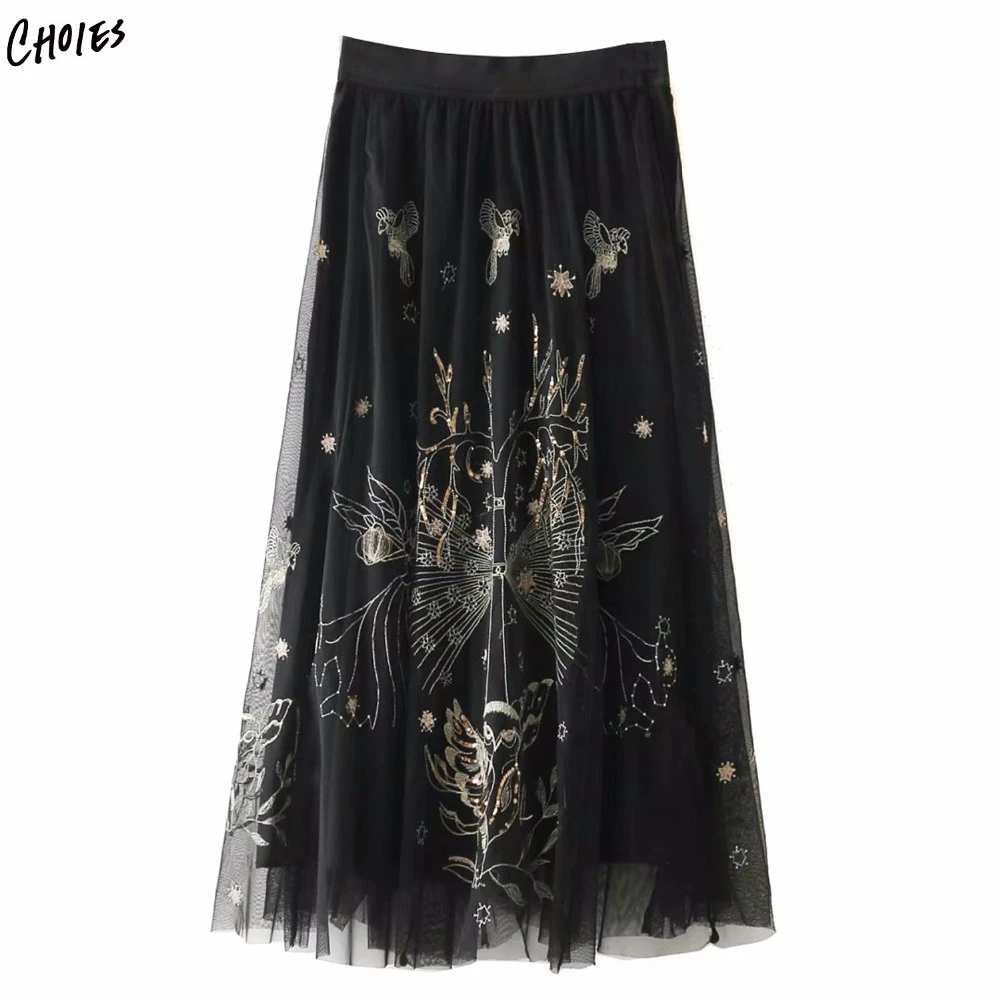 2017 nuevas llegadas alta cintura Bordado detalle falda de malla transparente mujeres casual moda elegante larga Faldas saias|Faldas| - AliExpress