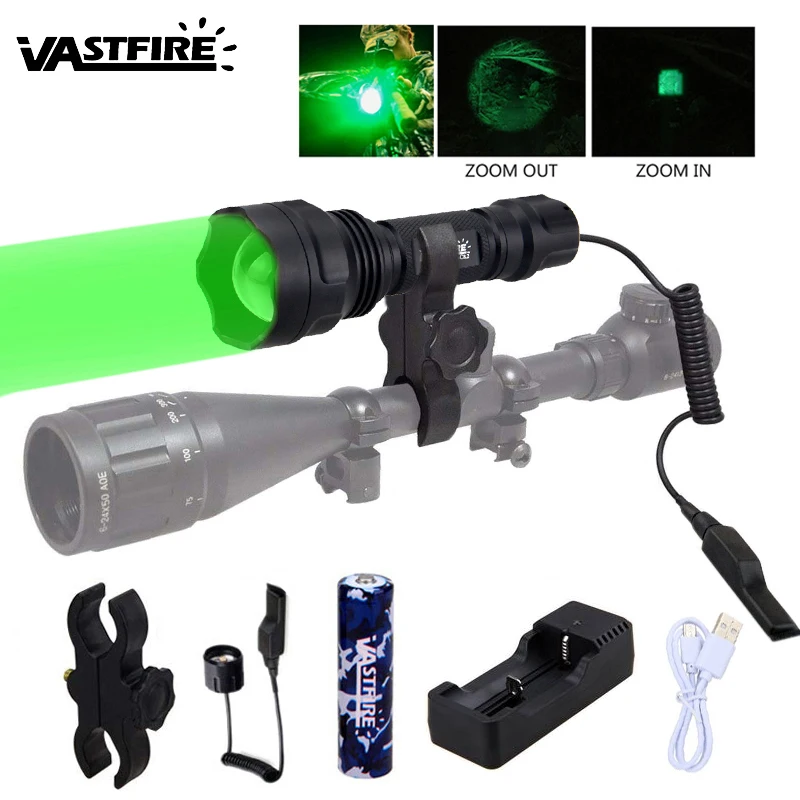 

5000LM Zoomable Predator Hog Hunting Flashlight Tactical airsoft element weapon Light+Rifle Scope Mount+Switch+18650+USB Charger