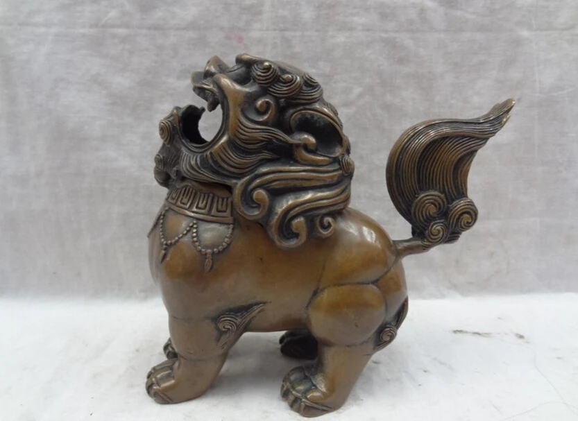 

song voge gem S3718 Chinese Bronze Buddhist Wealth Fu Dog Lion Head Statue Box Incense Burner Censer