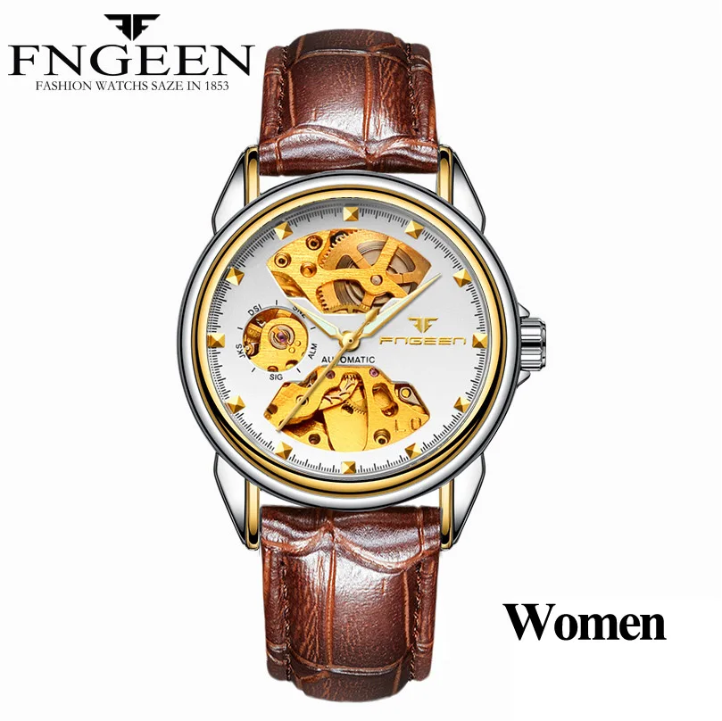 Relogio Feminino женские часы Топ бренд Модные Роскошные автоматические часы женские часы Стальные женские часы механические часы - Цвет: LeatherTwoToneWhite