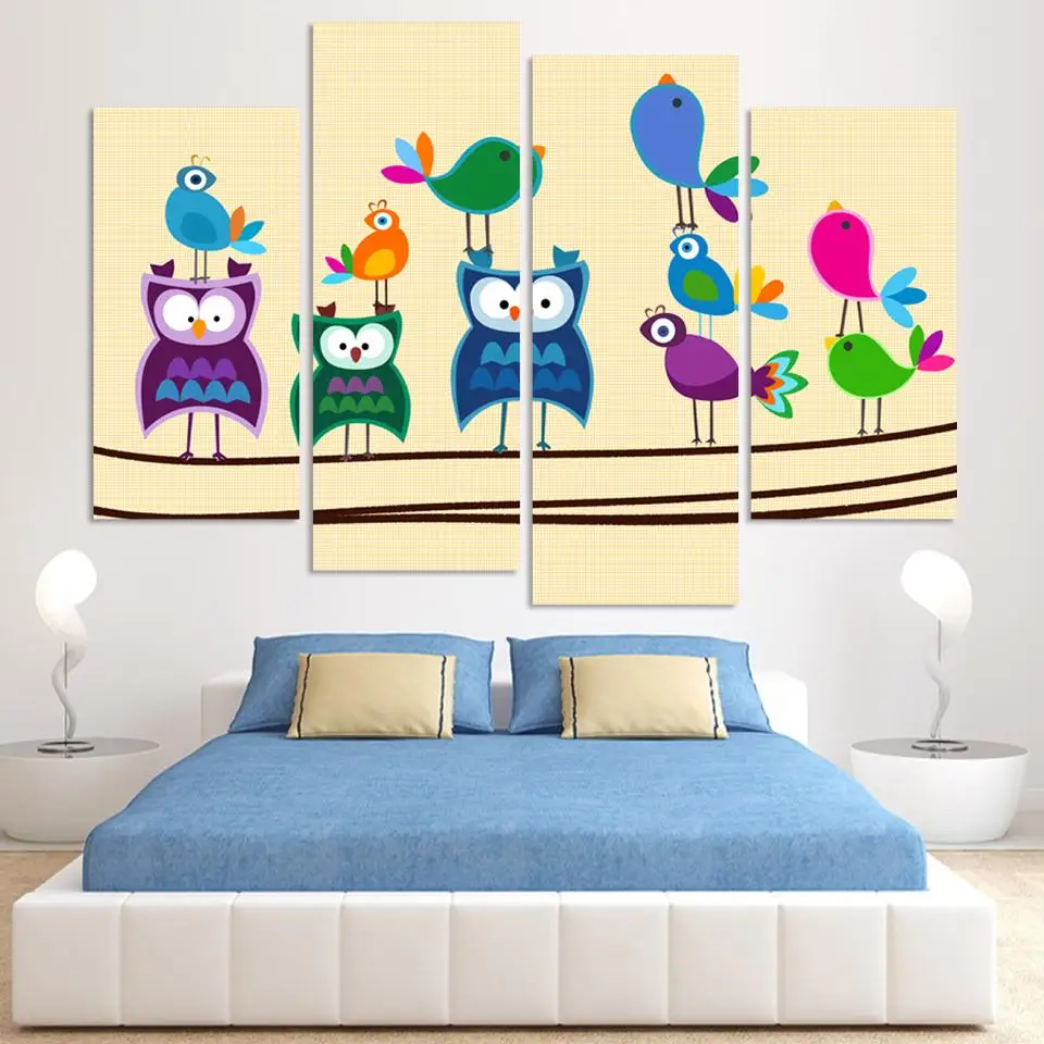 4 Panels Cuadros Colorful Owl Canvas Painting Oil Painting Cartoon