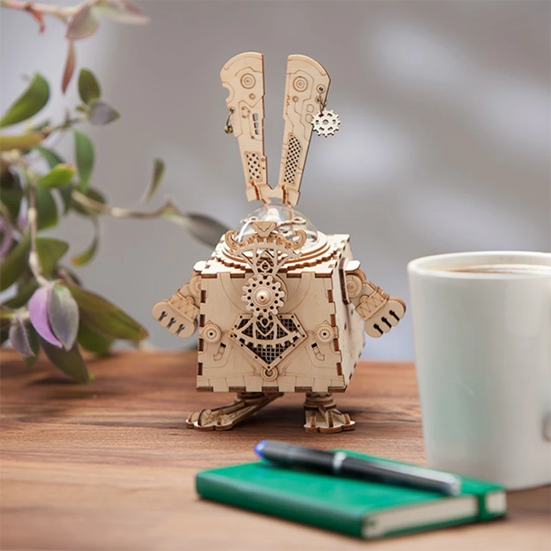 Robotime модель кролика Строительный набор деревянная 3D DIY с музыкальной коробкой