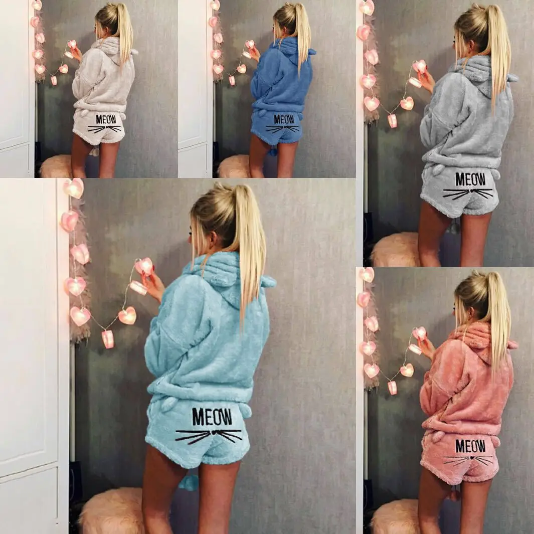 

Super Cute Women Home Clothing 2PCS sleepwear pajamas pyjamas suit Sweet Cat Ladies Hooded Flannel Nightwear Sleep Set Lounge