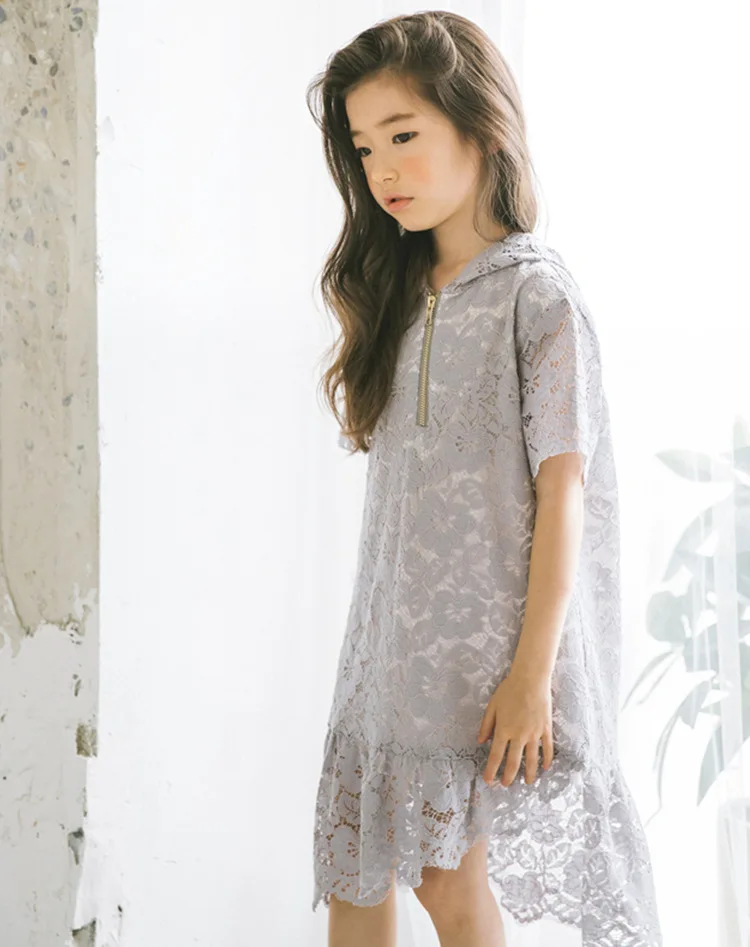 hooded lace asymmetrical children dresses summer 2018 new short sleeve baby girl dress kid clothing princess dress for big girls (6)