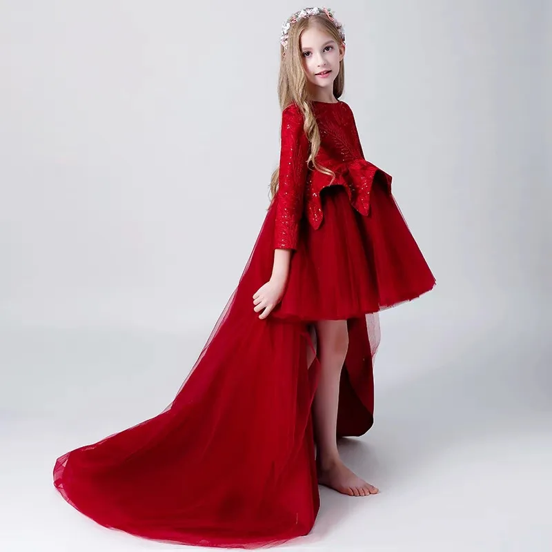 

2018 Autumn Winter New Children Girls Gorgeous Birthday Evening Party Long Mesh Tail Dress Model Show Catwalk Host Piano Dress
