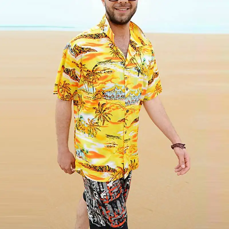 Брендовые желтые мужские рубашки Camisa, футболка с цветочным рисунком, пляжная одежда, короткий рукав, воротник с лацканами, свободная пуговица, гавайская мужская одежда