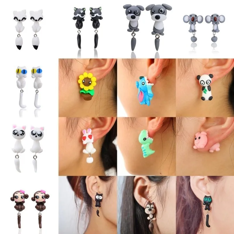

26 Sample Cute Cartoon 3D Animal Plant Stud Earrings For Women Girl New Design Handmade Trendy Jewelry Polymer Clay Earrings