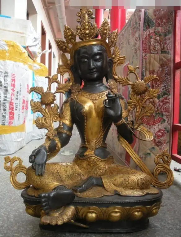 

S7192 31"Huge Tibet Buddhist Bronze Gild Green Tara Guan Yin Bodhisattva Buddha statue D0318