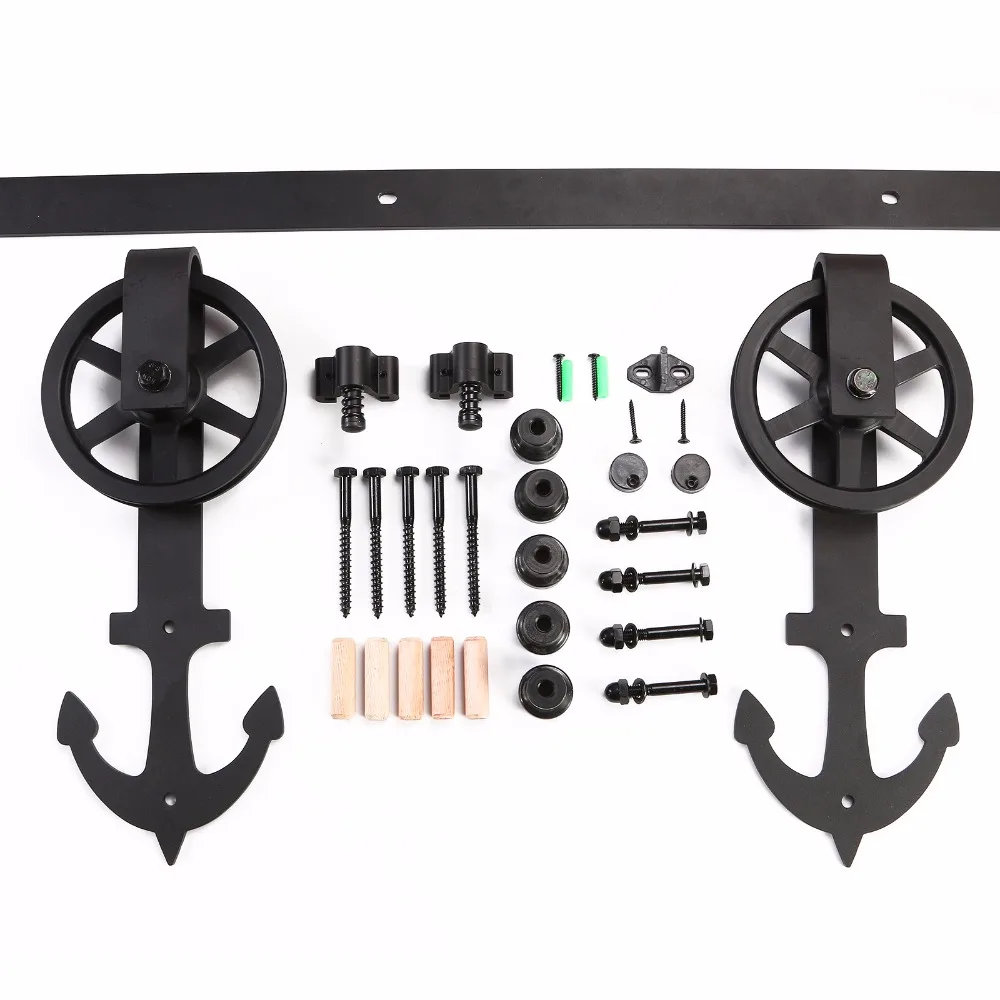 LWZH 14ft/15ft Sliding Door Anchor -Shaped with Big Rollers Black Steel Sliding Closet Rail Track Hardware Kits for Double Door