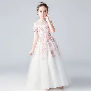 

2019 Kids Girl Tulle Lace Ball Gown Children Applique Princess Wedding Birthday Party Dress Teen Girl Elegant Pearl Clothes Q830