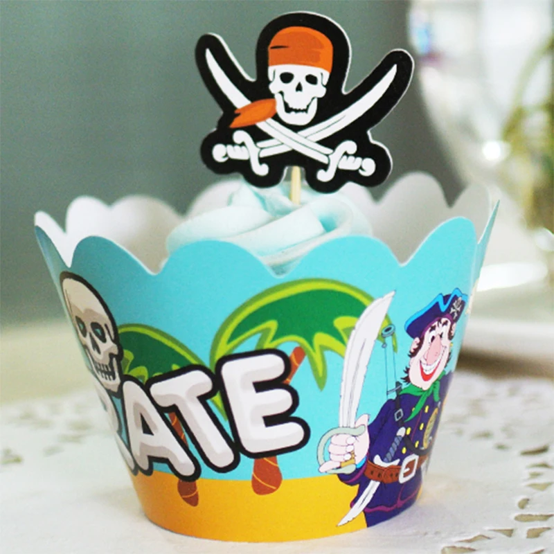 

24pcs/lot pirate birthday Cupcake Wrappers Toppers Kids boy girl Party Decoration supply Design cupcakes decorating tools