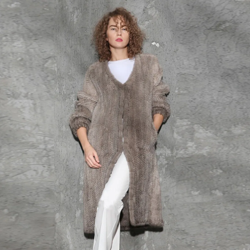 

Fur Story Women's Knitted Mink Fur Long Coat 16166B Real Fur Coat Female Free Size Casual Long Natural Fur Cardigan