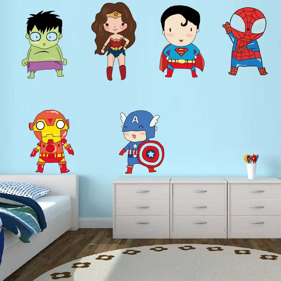Наклейки на стену с супергероями для детей, мальчиков, украшения в спальню, Бэтмен, Супермен, виниловые художественные наклейки на стены для детской комнаты, мультипликационные супергерои, обои