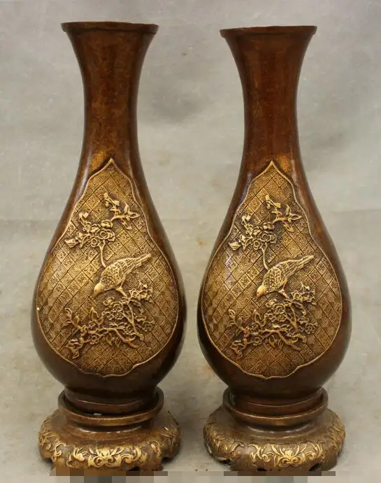 

S3967 13" Folk Chinese Bronze Decoration Fly Bird Magpie Statue Flower Vase Pot Pair