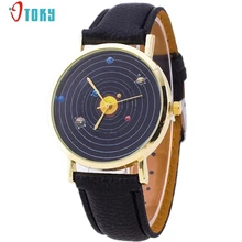 Fashion Unique Design Women Watches Space Watch Star Gold Dial PU Leather Clock Analog Quartz Wrist Watch Creative Mar16