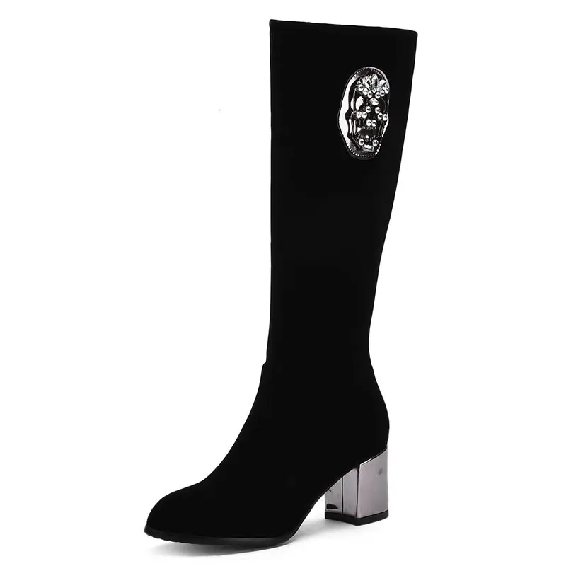 

2016 new arrival simple black side zipper cozy small round toe fashion Diamond inlaid metal decoration knight boots dxj1055