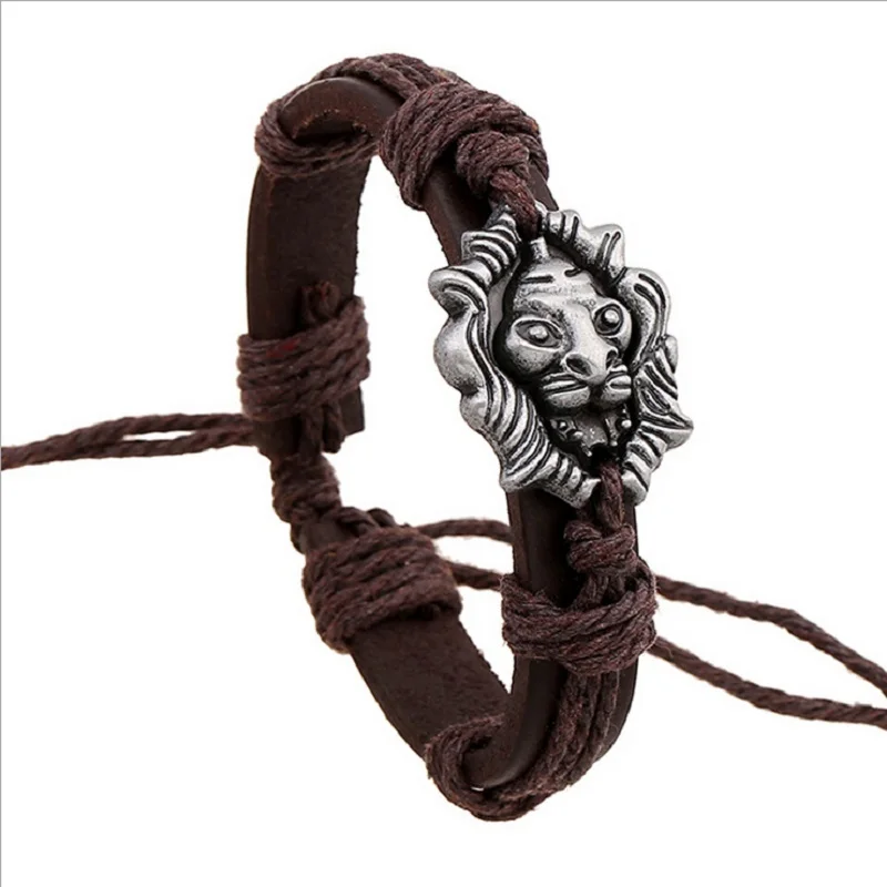 

New Punk Rock Vintage Men's Leather Bracelets Antique Lion King Head Charm Bracelet Wristband Tibetan Animal Jewelry Hot sale