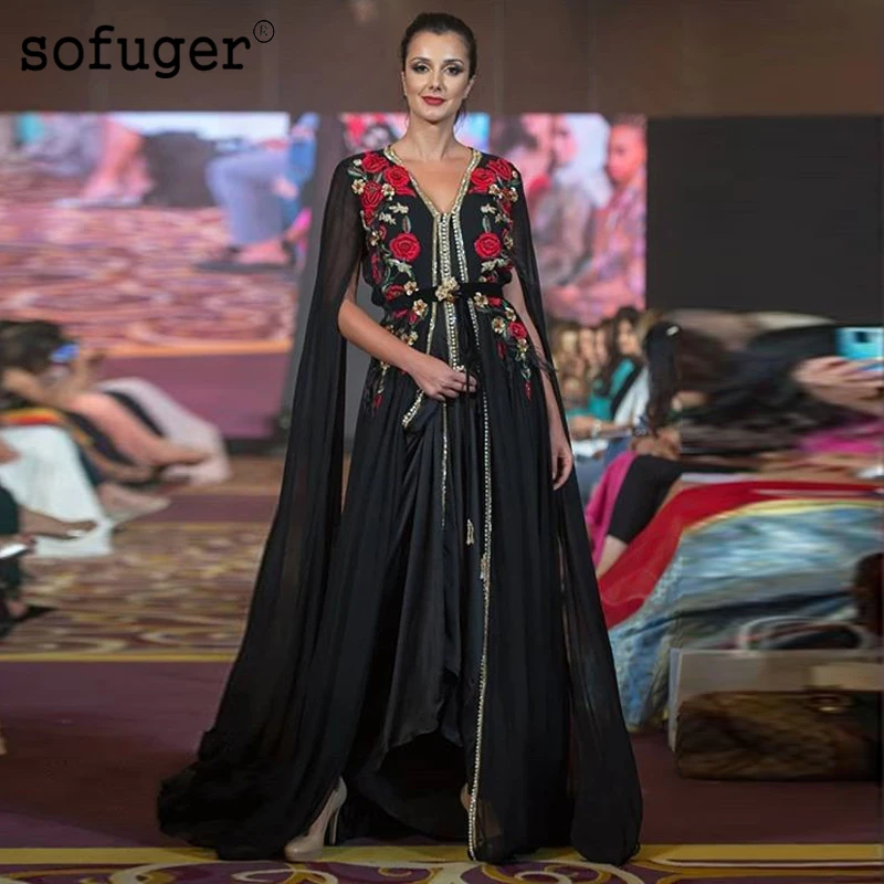 Черные цветочные шифоновые вечерние платья с аппликациями Vestidos De Fiesta De Noche Robe De Soiree арабские мусульманские Вечерние для особых случаев