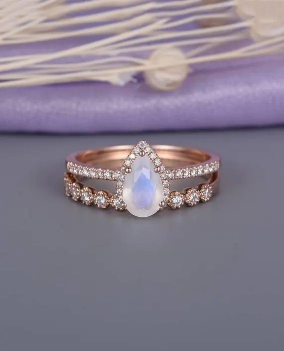 

MYRAY Pear Shaped Cut Moonstone Diamond Halo 14k Rose White Yellow Gold Engagement Ring Wedding Bridal Anniversary Gift Women