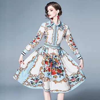 

2019 Fashion Temperament England Style Women's Turn-down Collar Print Dress High-end Vintage Luxury Women's Party Dress