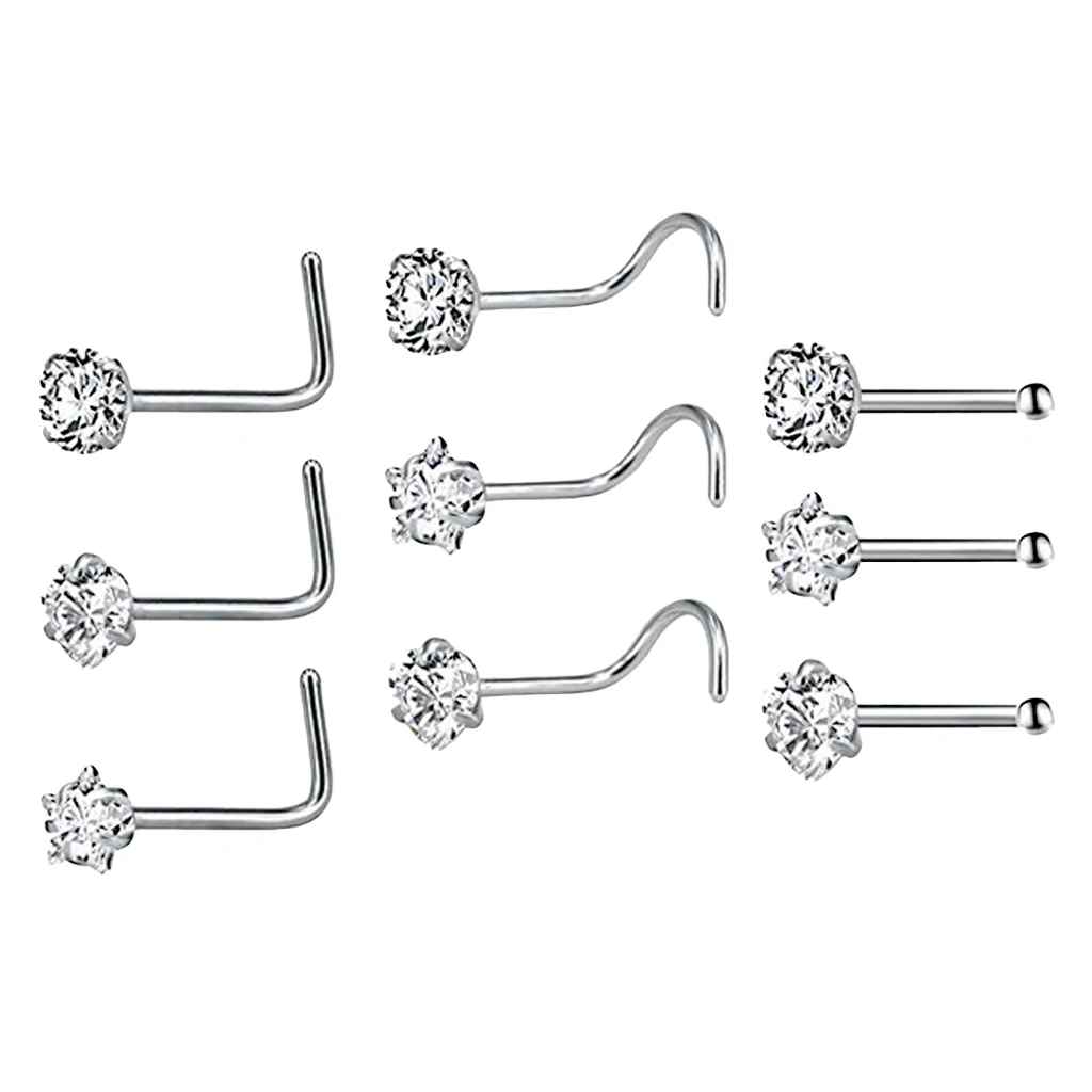 MagiDeal 9 Pieces Stainless Steel Zircon Crystal Screw Curved Nose Ring Studs Ear Body Piercing Jewelry 20G
