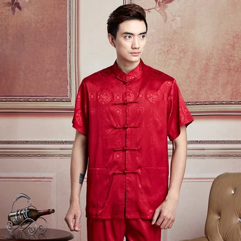 

Vintage Pattern Red Chinese Style Men Summer Satin Rayon Shirt Novelty Kung Fu Tai Chi Shirt Tops Size M L XL XXL XXXL MNS01-2