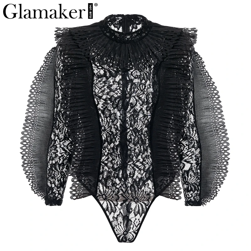 Glamaker Lace bodycon transparent mesh bodysuit Women ruffle long sleeve black bodysuit winter autumn sexy hollow out jumpsuit Glamaker Lace bodycon transparent mesh bodysuit Women ruffle long sleeve black bodysuit winter autumn sexy hollow out jumpsuit