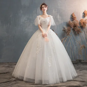 

Luxury Beaded Rhinestone Bridal Dress Elegant Lace Flowers Ball Gown Vestidos De Noiva Simple White Bride Wedding Gowns 05338