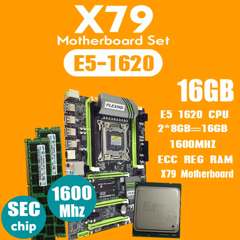

PLEXHD X79 Turbo motherboard LGA2011 ATX combos E5 1620 CPU 2pcs x 8GB = 16GB DDR3 RAM 1600Mhz PC3 12800R PCI-E NVME M.2 SSD