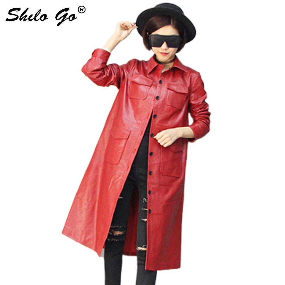 

Leather Trench Womens Spring Fashion sheepskin genuine leather long coat lapel collar front pocket single breasted