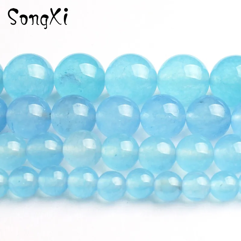 

Round Jades Beads Blue Chalcedony DIY Bracelet Earrings Necklace Natural Loose Stone Bead For Jewelry Making 6 8 10 12mm 15 Inch