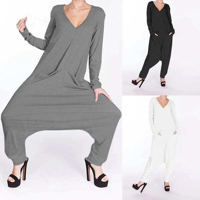 

2019 Plus Size Celmia Women Jumpsuits Romper Casual Loose Harem Pants Drop Crotch Playsuit Long Sleeve Overalls Macacao Feminino