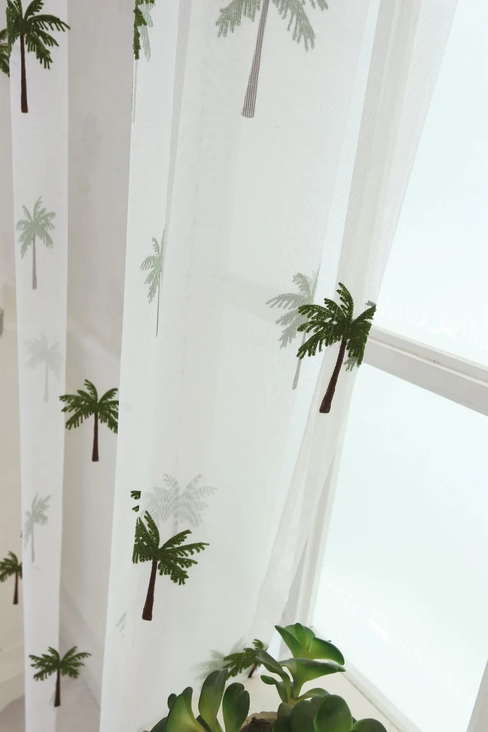Simple Modern Coconut Tree Screen Embroidery Sheer Voile Window Drapes for Living Room Door Lace Curtains A966 (20)