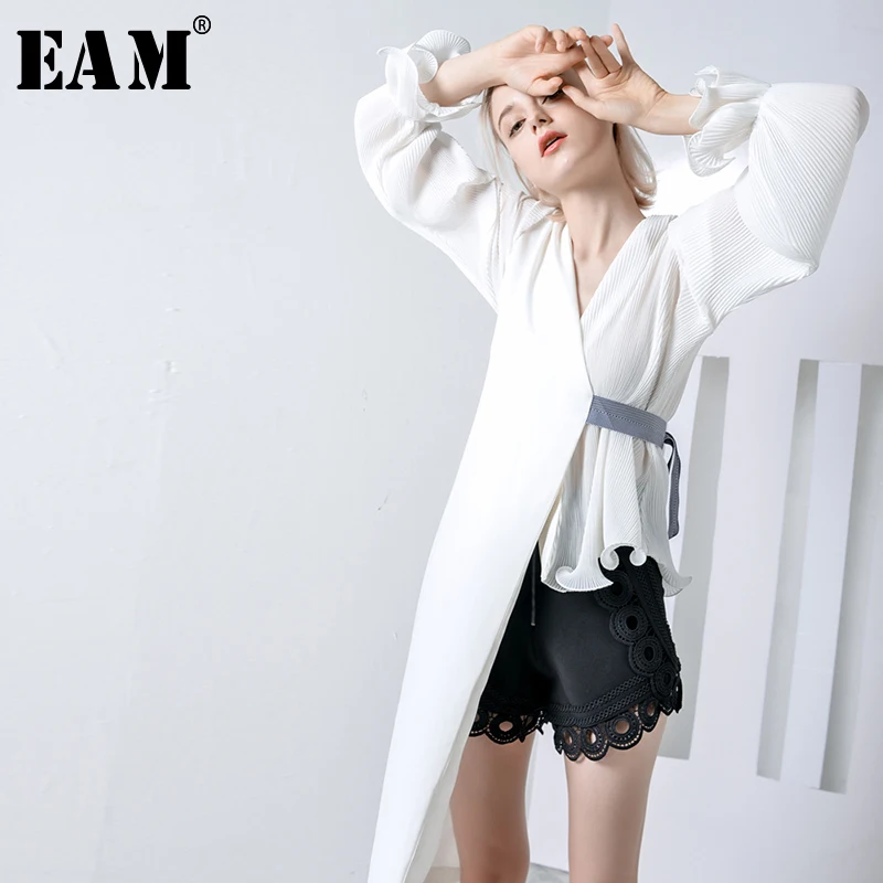

[EAM]2019 New Spring Summer V-collar Long Flare Sleeve Pleated Waist Bandage Irregular Stitch Shirt Women Blouse Fashion S4