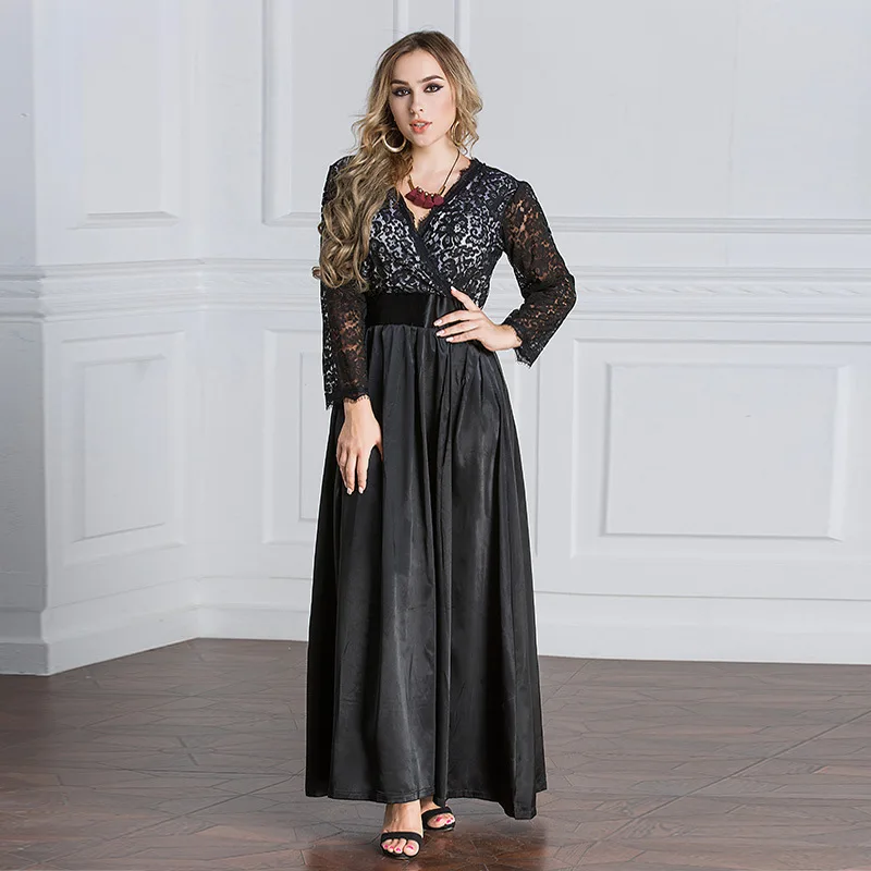 

Muslim Islam Summer Casual Lace Long Dresses O Neck Splicing Design Long Sleeves Black Abayas Dubai Turkish Clothing 6016
