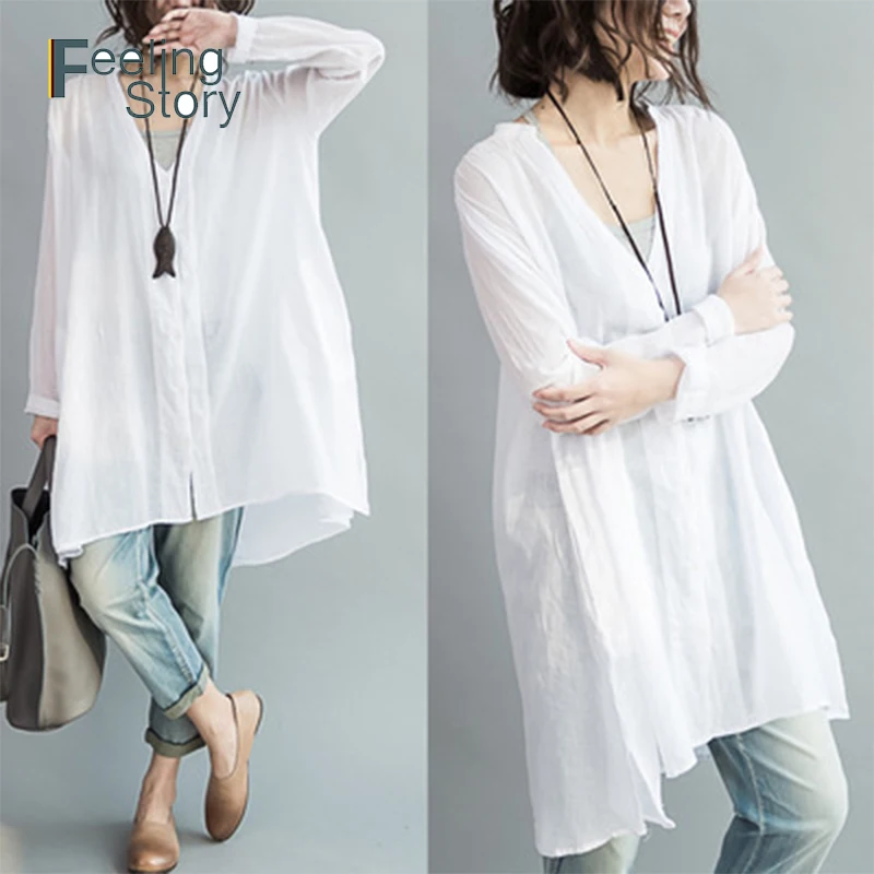 

2 Pieces Set Korean White Cotton Linen Shirt Blouses Women's Plus Size Long Sleeve Shirts Spring Blouse Loose Long Shirt Dress