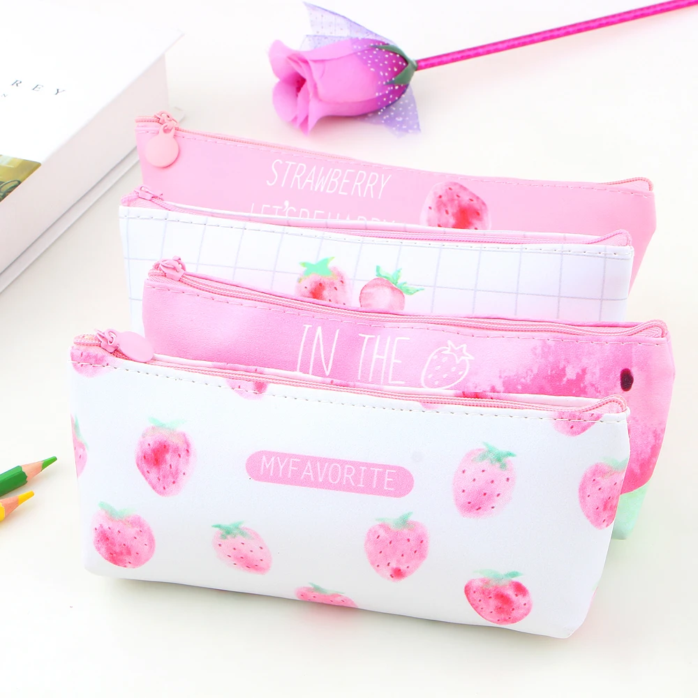 Lovely Strawberry PU Pencil Case School Waterproof Pencil Bag For Girl