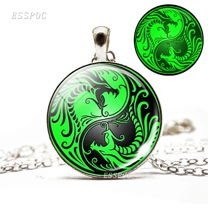 Светящееся в темноте ожерелье Yin Yang Dragon стеклянный кабошон очаровательное