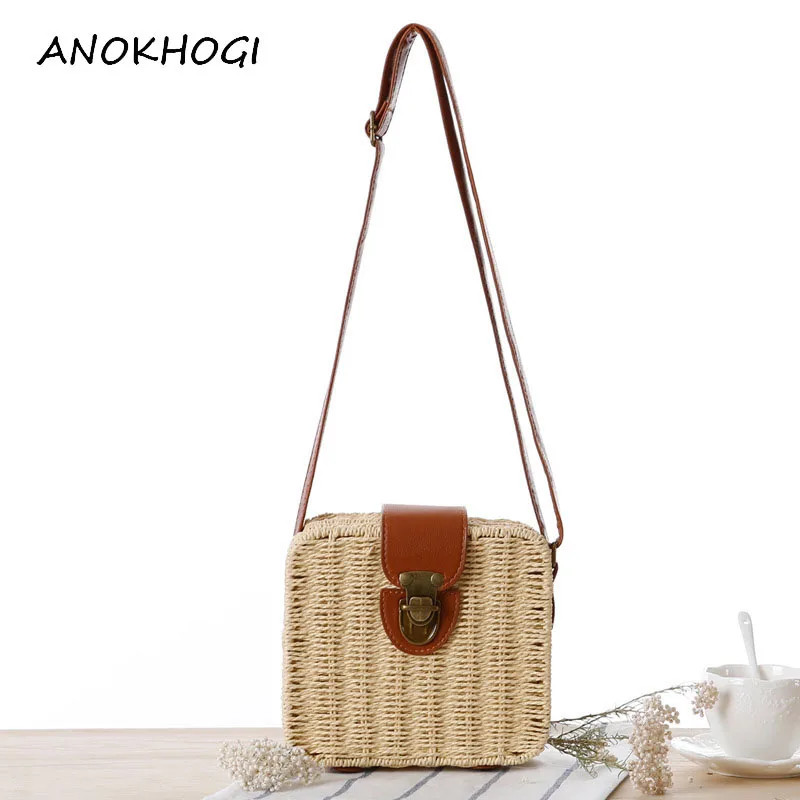 

Square Shape Straw Handmade Women Shoulder Bags Simple Beach Holiday Hard Khaki Crossbody Bags Woven Retro Ladies Handbag B113