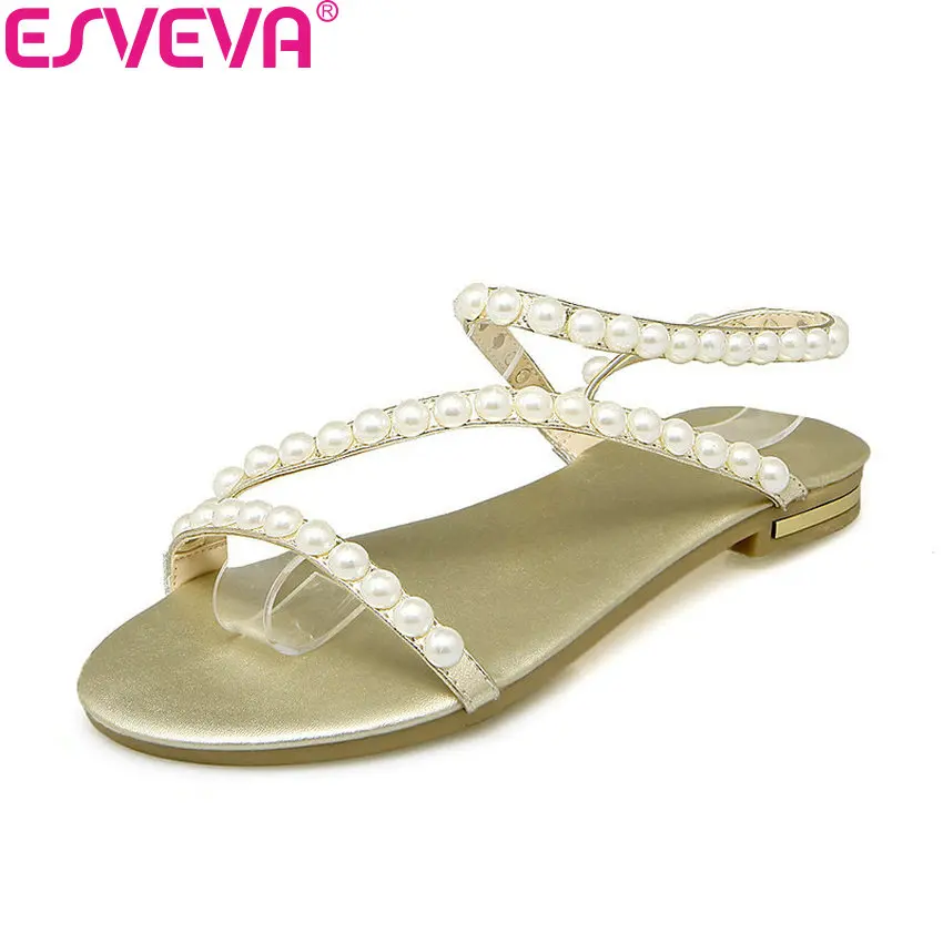 

ESVEVA 2018 Women Sandals Shoes String Bead Cow Soft Leather PU Summer Sandals Low Heels Slingback Sweet Women Shoes Size 34-43
